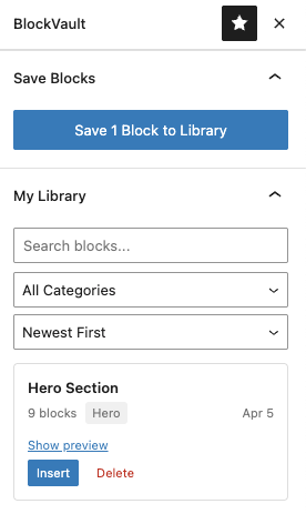 BlockVault library with saved block